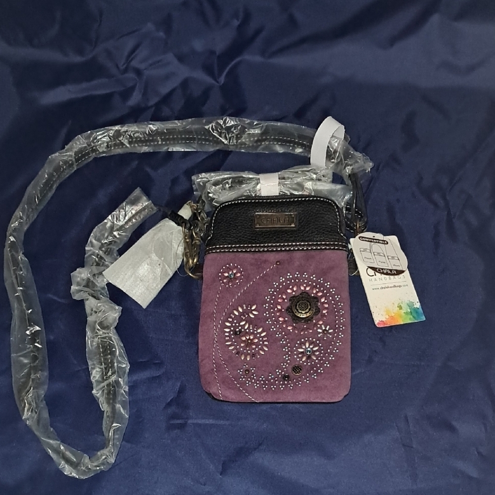 Chala Purple and Black Crossbody Bag with Floral Design